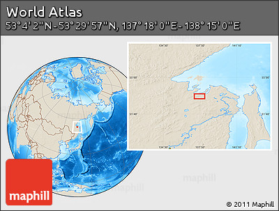 Shaded Relief Location Map of the Area around 53° 17' 0" N, 137° 46' 30" E