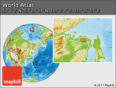 Physical Location Map of the Area around 53° 17' 0" N, 139° 28' 29" E