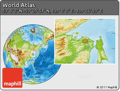 Physical Location Map of the Area around 53° 17' 0" N, 139° 28' 29" E