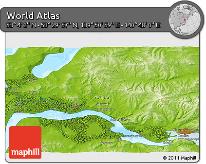 Physical 3D Map of the Area around 53° 17' 0" N, 140° 19' 29" E