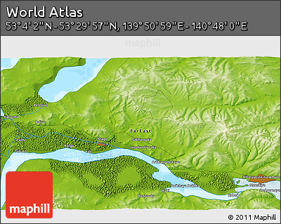 Physical 3D Map of the Area around 53° 17' 0" N, 140° 19' 29" E