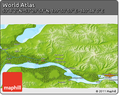Physical 3D Map of the Area around 53° 17' 0" N, 140° 19' 29" E