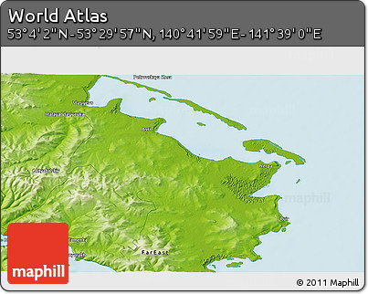 Physical 3D Map of the Area around 53° 17' 0" N, 141° 10' 30" E