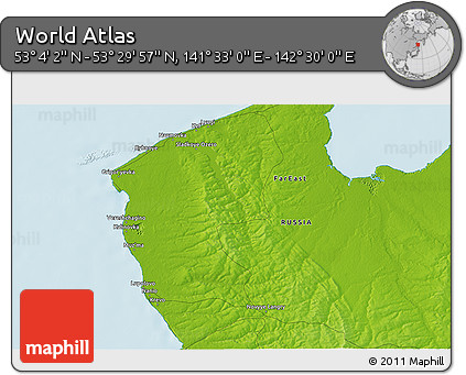 Physical 3D Map of the Area around 53° 17' 0" N, 142° 1' 30" E