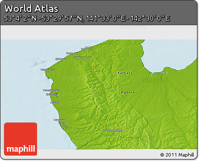 Physical 3D Map of the Area around 53° 17' 0" N, 142° 1' 30" E