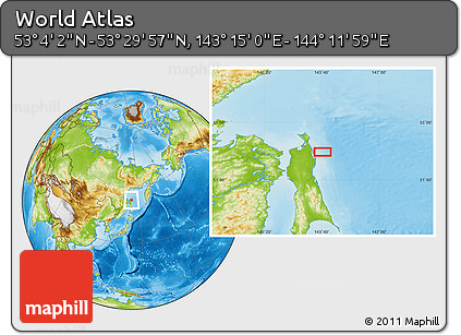 Physical Location Map of the Area around 53° 17' 0" N, 143° 43' 29" E