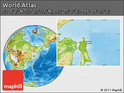 Physical Location Map of the Area around 53° 17' 0" N, 143° 43' 29" E