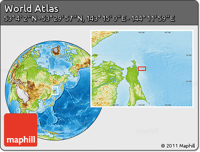 Physical Location Map of the Area around 53° 17' 0" N, 143° 43' 29" E