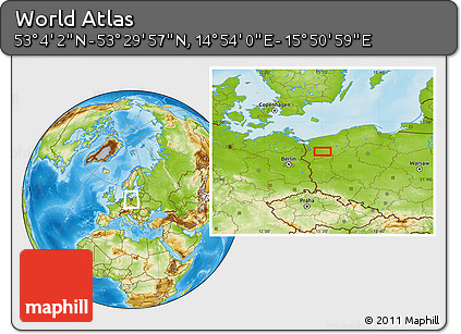 Physical Location Map of the Area around 53° 17' 0" N, 15° 22' 30" E