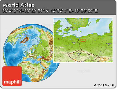 Physical Location Map of the Area around 53° 17' 0" N, 15° 22' 30" E