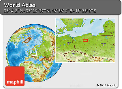 Physical Location Map of the Area around 53° 17' 0" N, 17° 4' 30" E