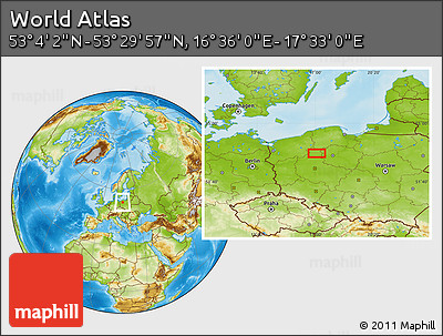 Physical Location Map of the Area around 53° 17' 0" N, 17° 4' 30" E