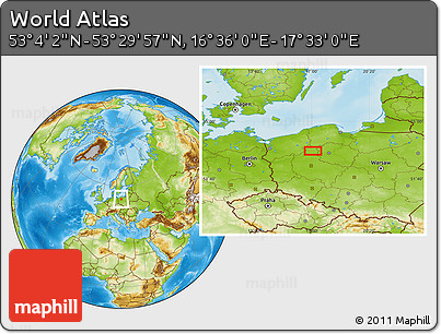 Physical Location Map of the Area around 53° 17' 0" N, 17° 4' 30" E