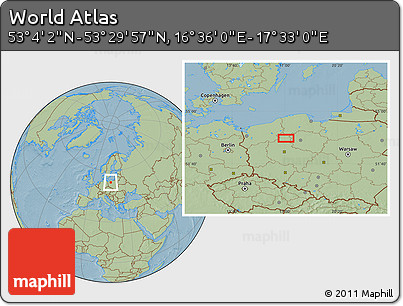 Savanna Style Location Map of the Area around 53° 17' 0" N, 17° 4' 30" E, hill shading