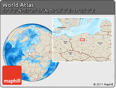 Shaded Relief Location Map of the Area around 53° 17' 0" N, 17° 4' 30" E
