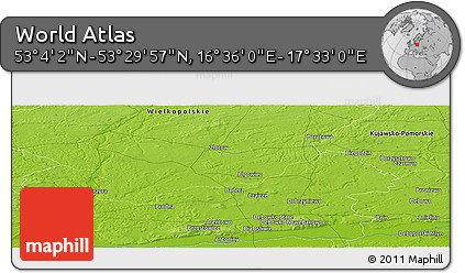 Physical Panoramic Map of the Area around 53° 17' 0" N, 17° 4' 30" E