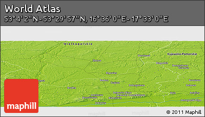 Physical Panoramic Map of the Area around 53° 17' 0" N, 17° 4' 30" E