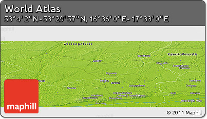 Physical Panoramic Map of the Area around 53° 17' 0" N, 17° 4' 30" E