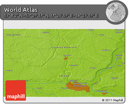 Physical 3D Map of the Area around 53° 17' 0" N, 17° 55' 29" E