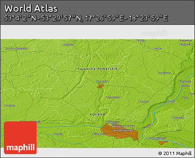 Physical 3D Map of the Area around 53° 17' 0" N, 17° 55' 29" E