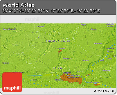 Physical 3D Map of the Area around 53° 17' 0" N, 17° 55' 29" E