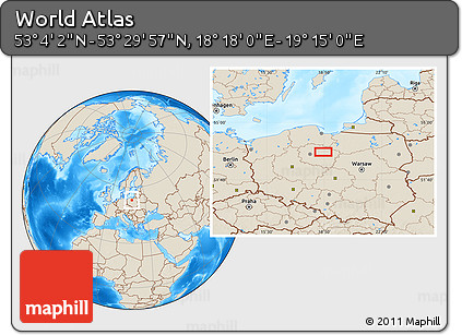 Shaded Relief Location Map of the Area around 53° 17' 0" N, 18° 46' 29" E