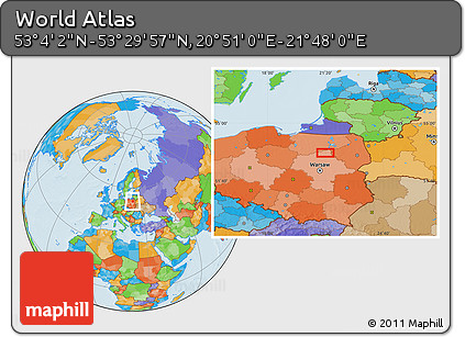 Political Location Map of the Area around 53° 17' 0" N, 21° 19' 30" E