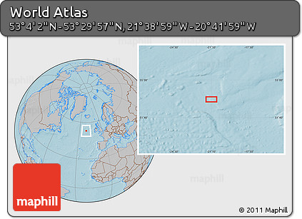 Gray Location Map of the Area around 53° 17' 0" N, 21° 10' 29" W, hill shading