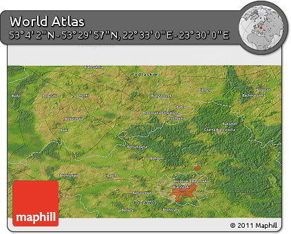 Satellite 3D Map of the Area around 53° 17' 0" N, 23° 1' 29" E