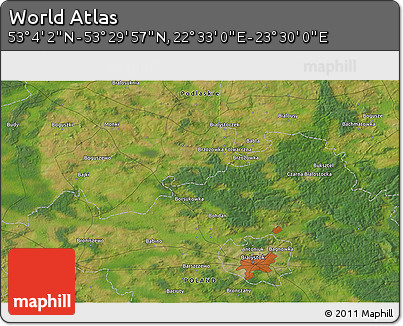 Satellite 3D Map of the Area around 53° 17' 0" N, 23° 1' 29" E
