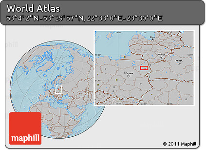 Gray Location Map of the Area around 53° 17' 0" N, 23° 1' 29" E, hill shading