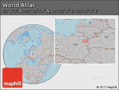 Gray Location Map of the Area around 53° 17' 0" N, 23° 1' 29" E, hill shading