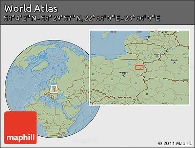 Savanna Style Location Map of the Area around 53° 17' 0" N, 23° 1' 29" E, hill shading