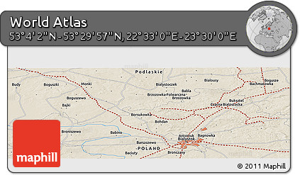 Shaded Relief Panoramic Map of the Area around 53° 17' 0" N, 23° 1' 29" E