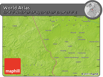 Physical Map of the Area around 53° 17' 0" N, 23° 52' 30" E