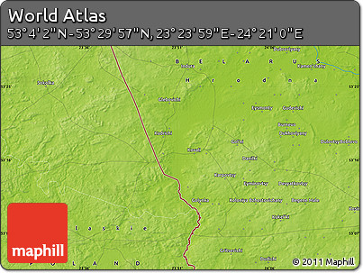 Physical Map of the Area around 53° 17' 0" N, 23° 52' 30" E
