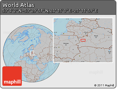 Gray Location Map of the Area around 53° 17' 0" N, 24° 43' 30" E, hill shading