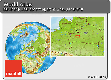 Physical Location Map of the Area around 53° 17' 0" N, 25° 34' 30" E