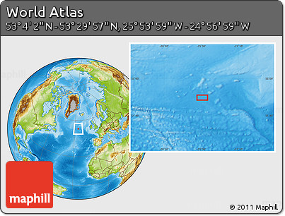 Physical Location Map of the Area around 53° 17' 0" N, 25° 25' 29" W