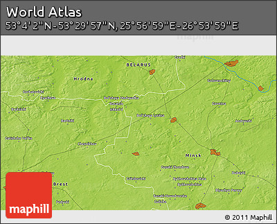Physical 3D Map of the Area around 53° 17' 0" N, 26° 25' 29" E