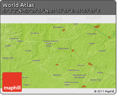 Physical 3D Map of the Area around 53° 17' 0" N, 26° 25' 29" E