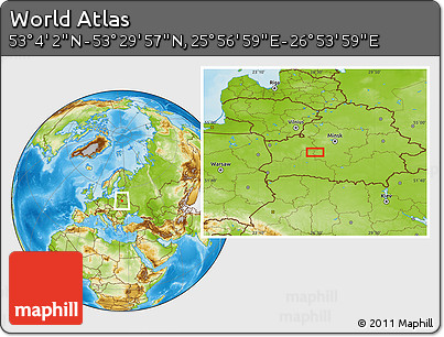 Physical Location Map of the Area around 53° 17' 0" N, 26° 25' 29" E