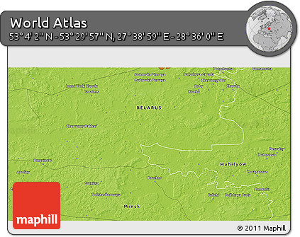 Physical 3D Map of the Area around 53° 17' 0" N, 28° 7' 30" E