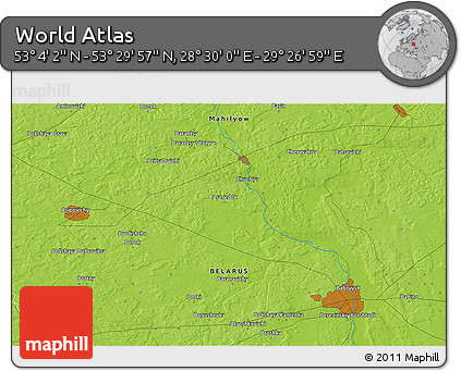 Physical 3D Map of the Area around 53° 17' 0" N, 28° 58' 30" E