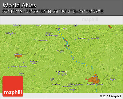 Physical 3D Map of the Area around 53° 17' 0" N, 28° 58' 30" E
