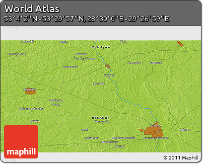 Physical 3D Map of the Area around 53° 17' 0" N, 28° 58' 30" E