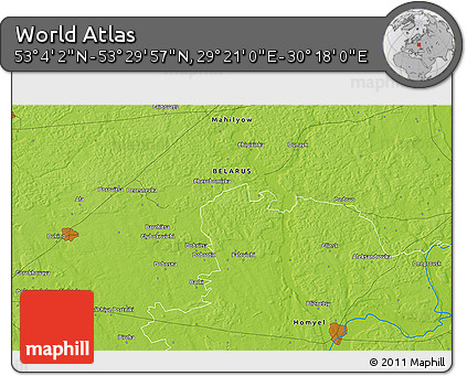 Physical 3D Map of the Area around 53° 17' 0" N, 29° 49' 30" E