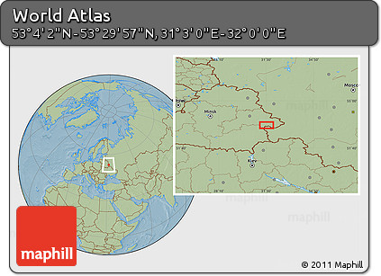 Savanna Style Location Map of the Area around 53° 17' 0" N, 31° 31' 29" E, hill shading