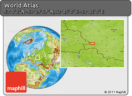 Physical Location Map of the Area around 53° 17' 0" N, 33° 13' 30" E