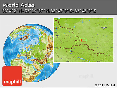 Physical Location Map of the Area around 53° 17' 0" N, 33° 13' 30" E